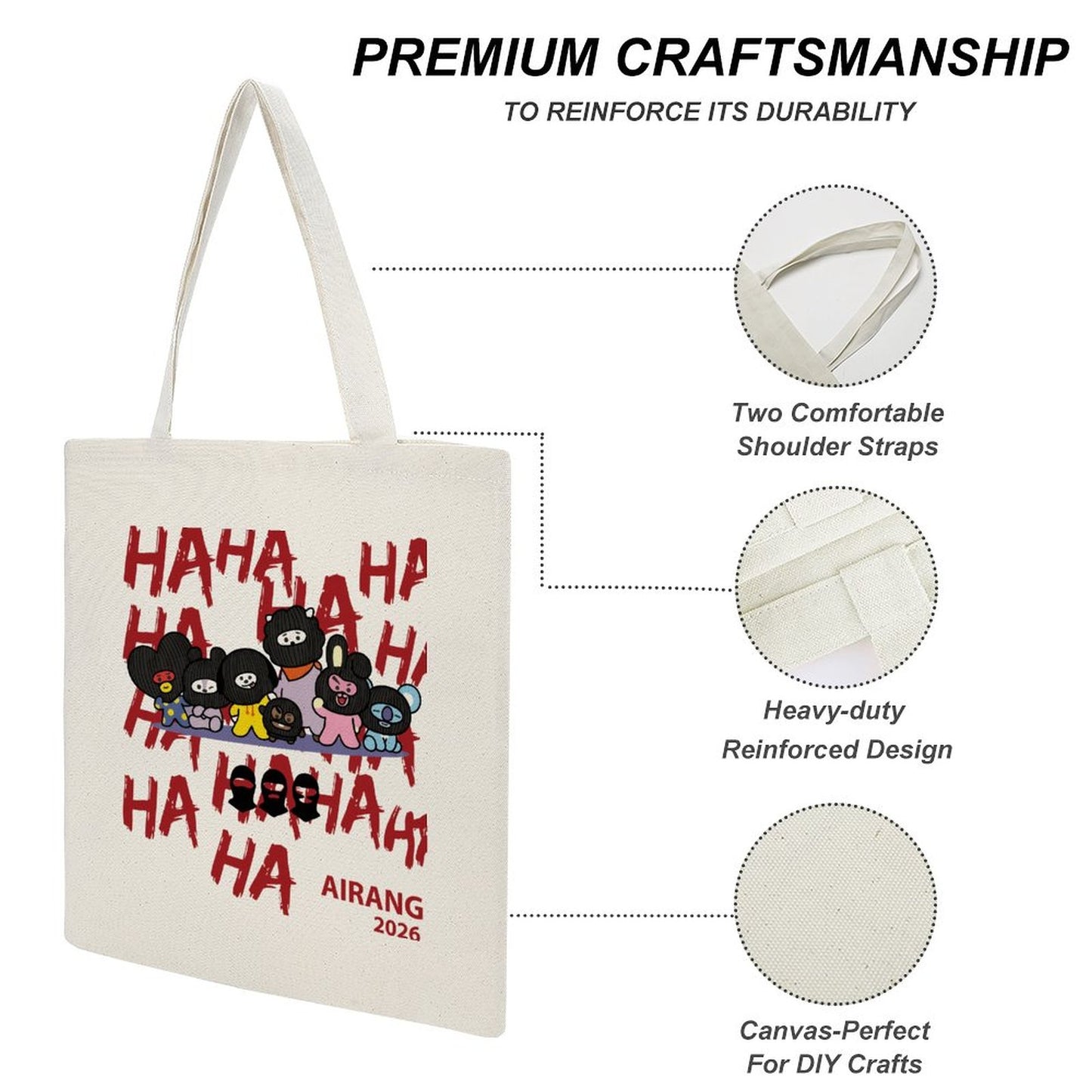 Graphic detailing the premium craftsmanship, durable canvas fabric texture, and reinforced stitching of the BT21 Hooligan tote.