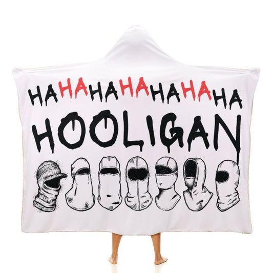 BTS Hooligan hooded blanket in white premium arctic velvet, perfect for K-Pop fans and ARMY concert gear.