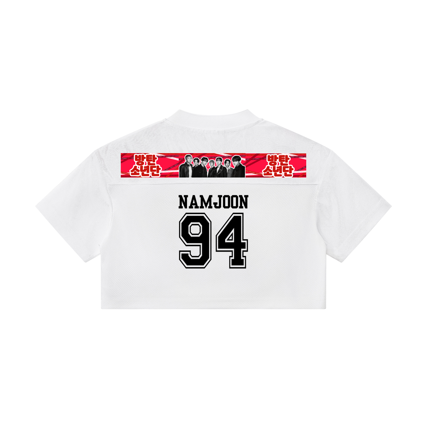 BTS Namjoon 94 cropped paneled v-neck jersey in white streetwear style