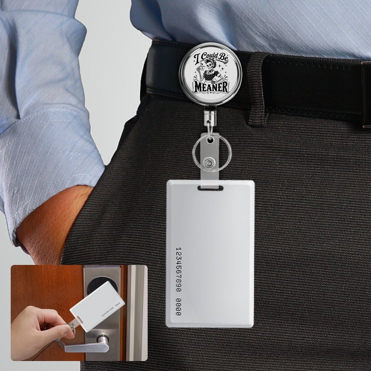 Close up of sassy quote graphic badge reel clipped securely