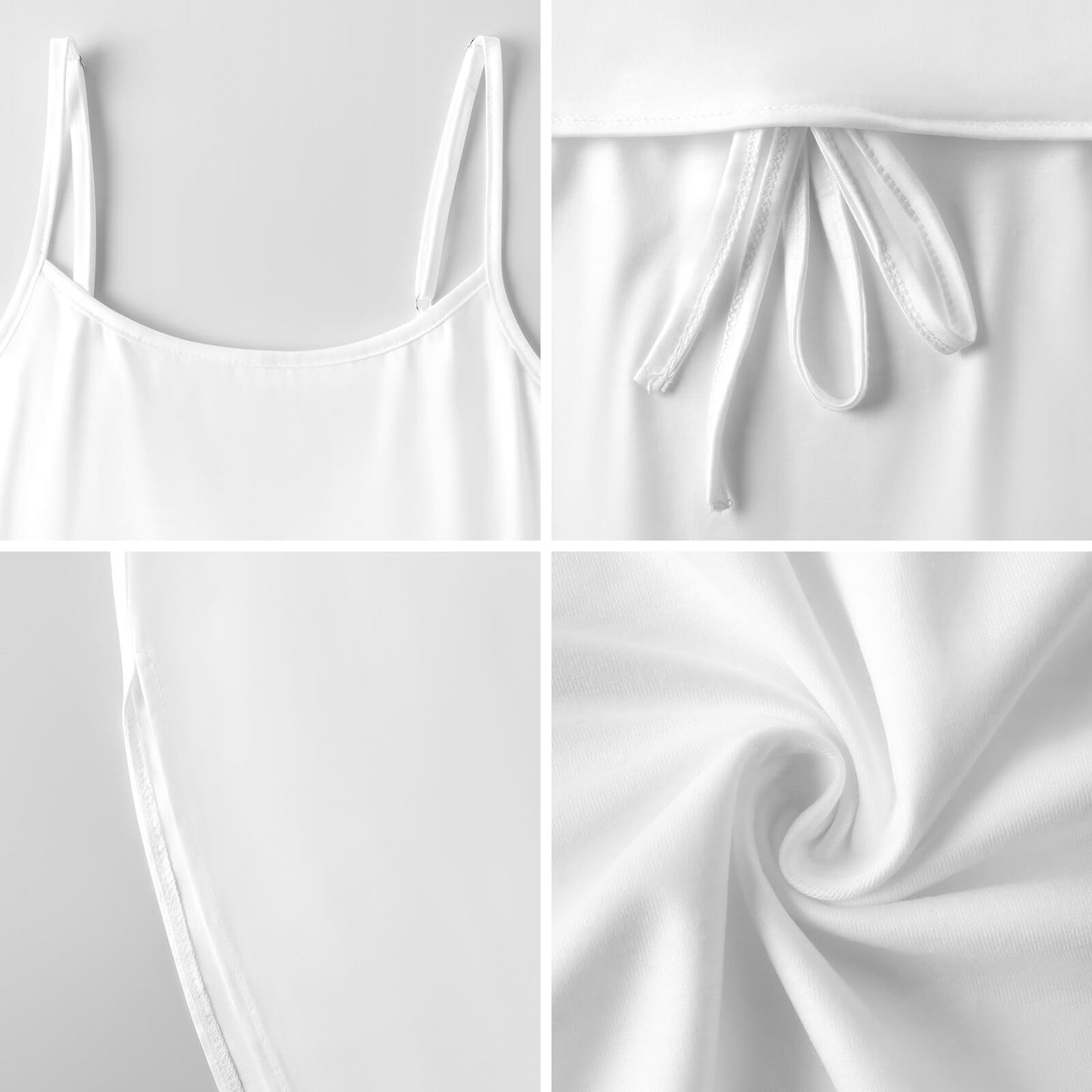 Close-up back view mockup of a white spaghetti strap maxi dress showing the clean clean-cut square neckline and premium fabric drape.
