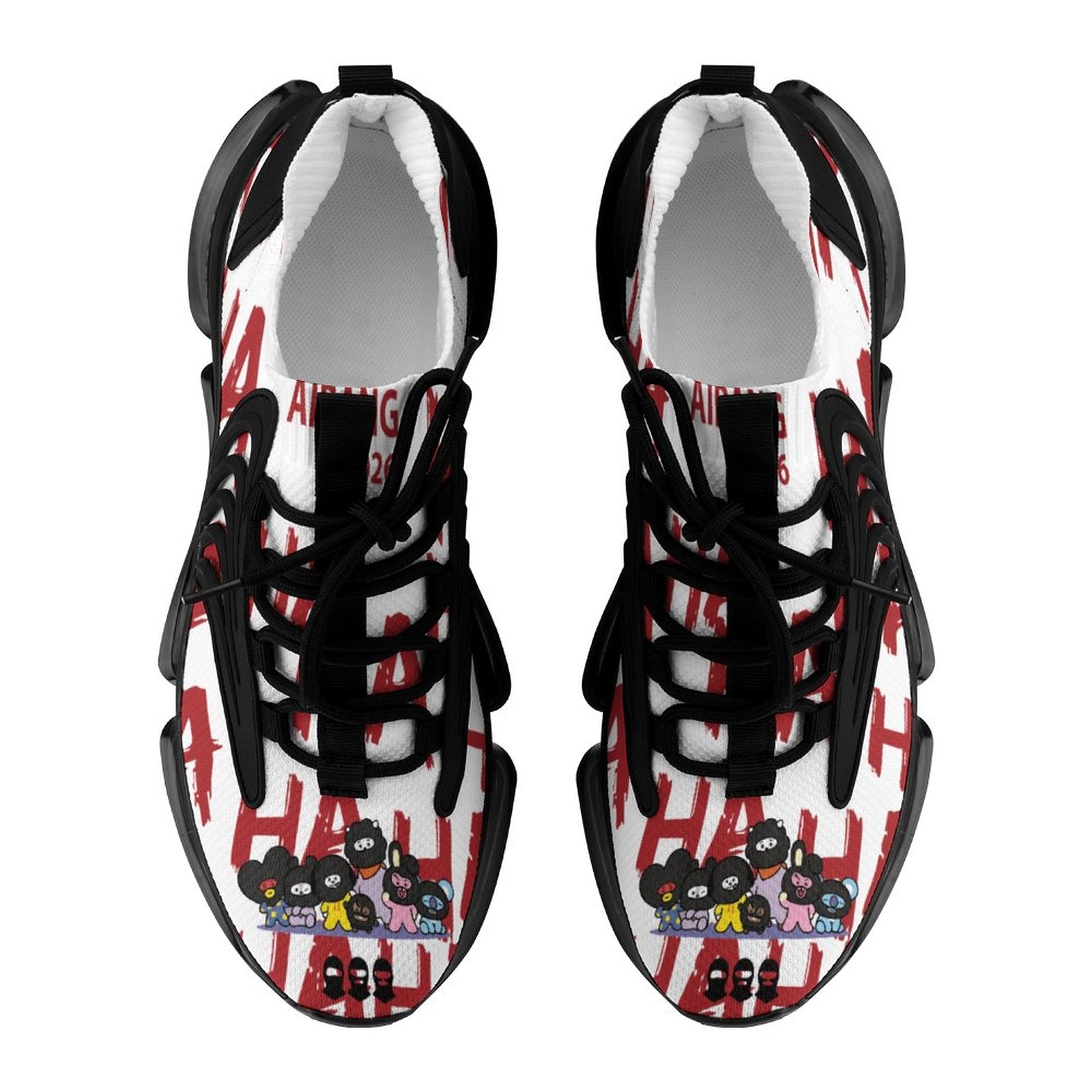 Overhead top-down view of the white BT21 BTS inspired basketball shoes, detailing the custom cartoon character graphic print on the toe box and the secure black lace-up system.