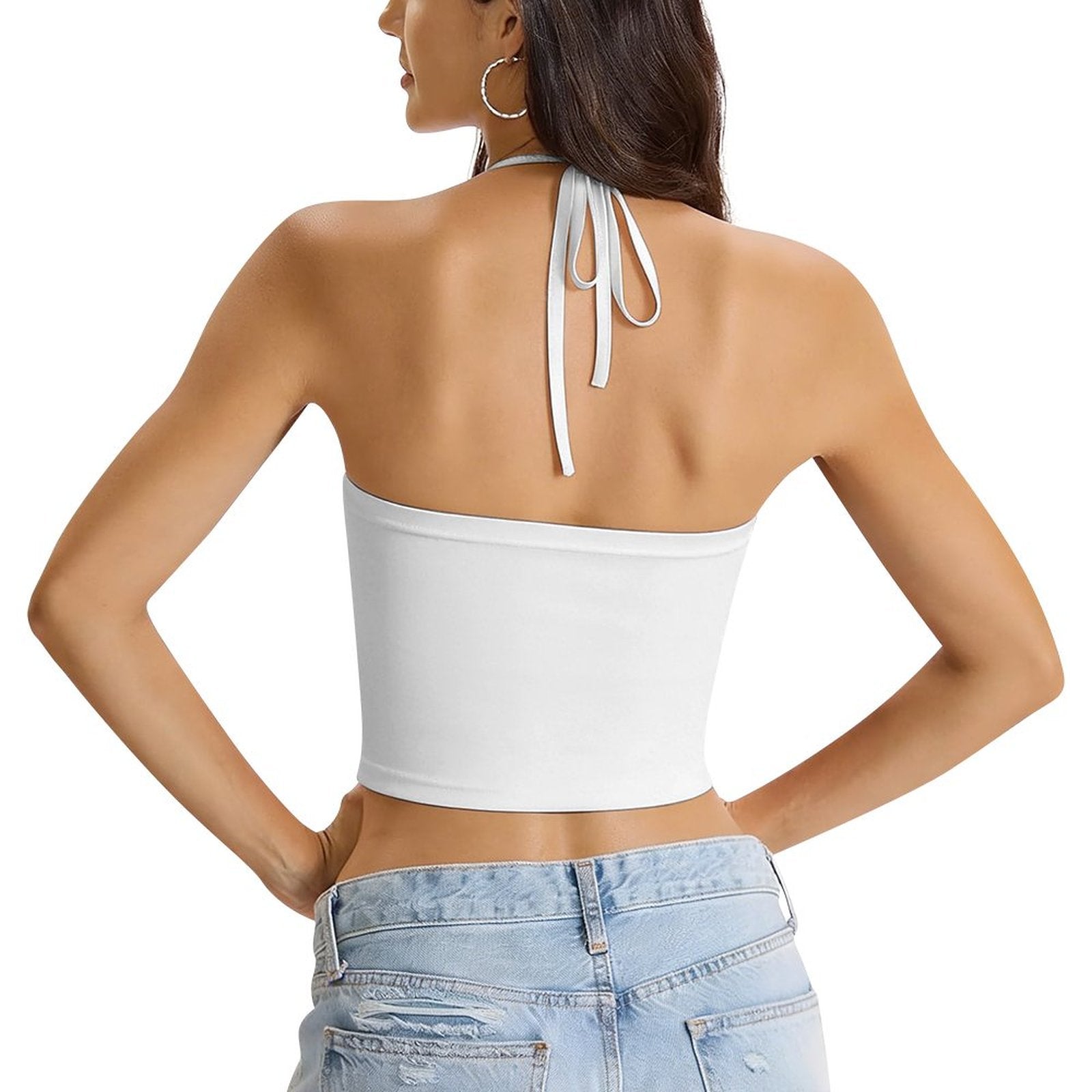 Back view mockup of a white adjustable halter tie vest showcasing the open-back cut and clean neckline tie style.