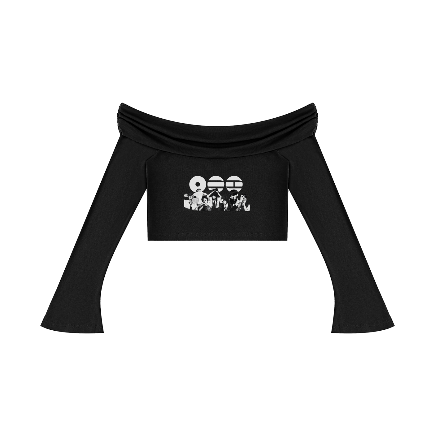 Front view of the BTS Arirang women's off-the-shoulder bell sleeve crop top in black, showcasing the elegant bardot neckline and custom graphic design for ARMY.