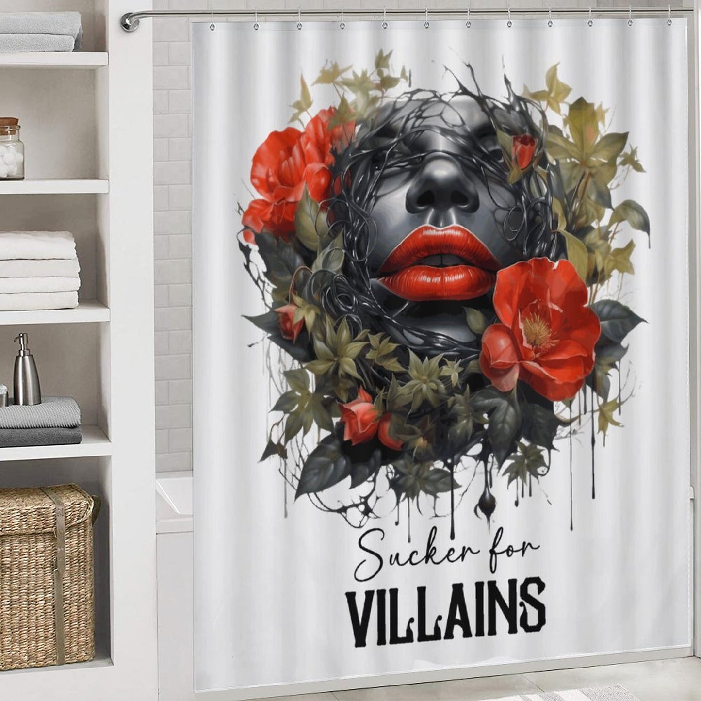 A close-up view of the "Sucker for VILLAINS" gothic graphic print on the waterproof polyester shower curtain.