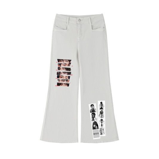 Front view of BTS World Tour 2026 women's vintage wash flared leg jeans in beige, featuring custom graphic print details, minor distressing, and a loose split-hem streetwear silhouette.
