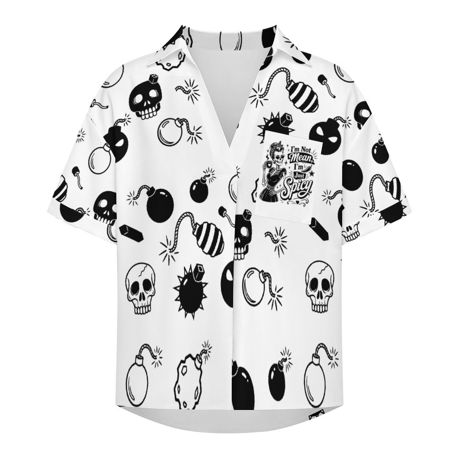 Close-up display of a white three-quarter sleeve slouchy top showcasing the elegant wide boat neckline drape and vibrant, high-definition sublimation skull print.