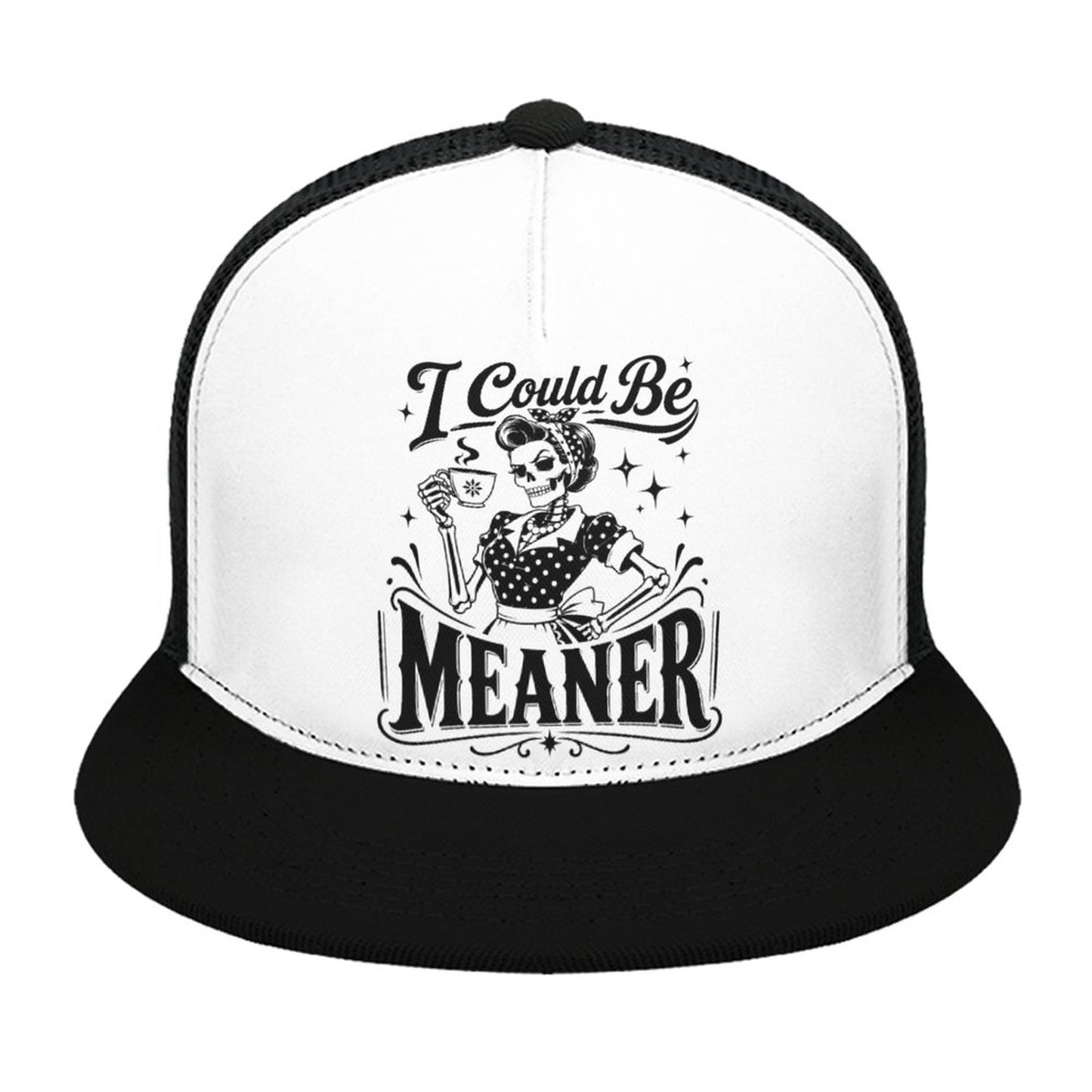 I could be meaner flat brim trucker hat in white and black graphic style front view