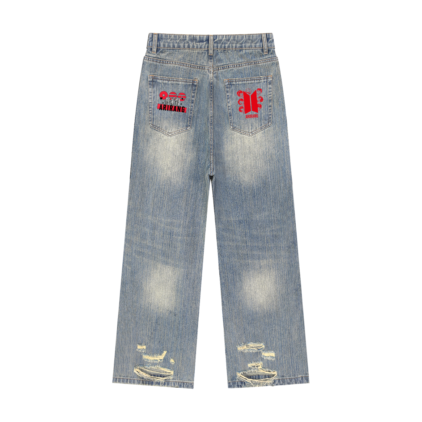 Close-up detail of the premium handcrafted distressing and ripped texture on heavy cotton light blue vintage denim jeans.
