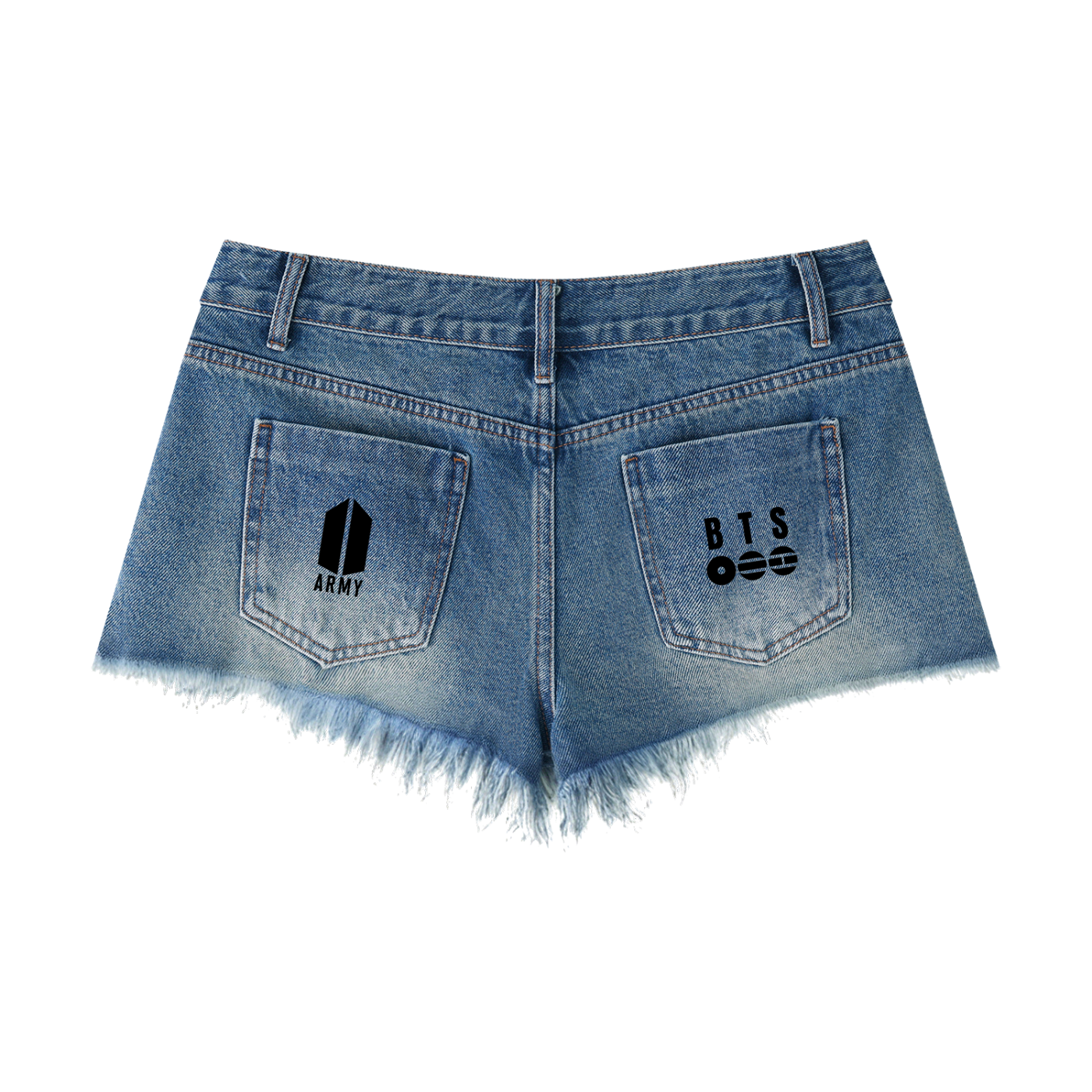 Rear flat lay view of BTS women's vintage wash raw hem denim shorts in blue, showcasing the classic back pockets and frayed raw edge hemline.
