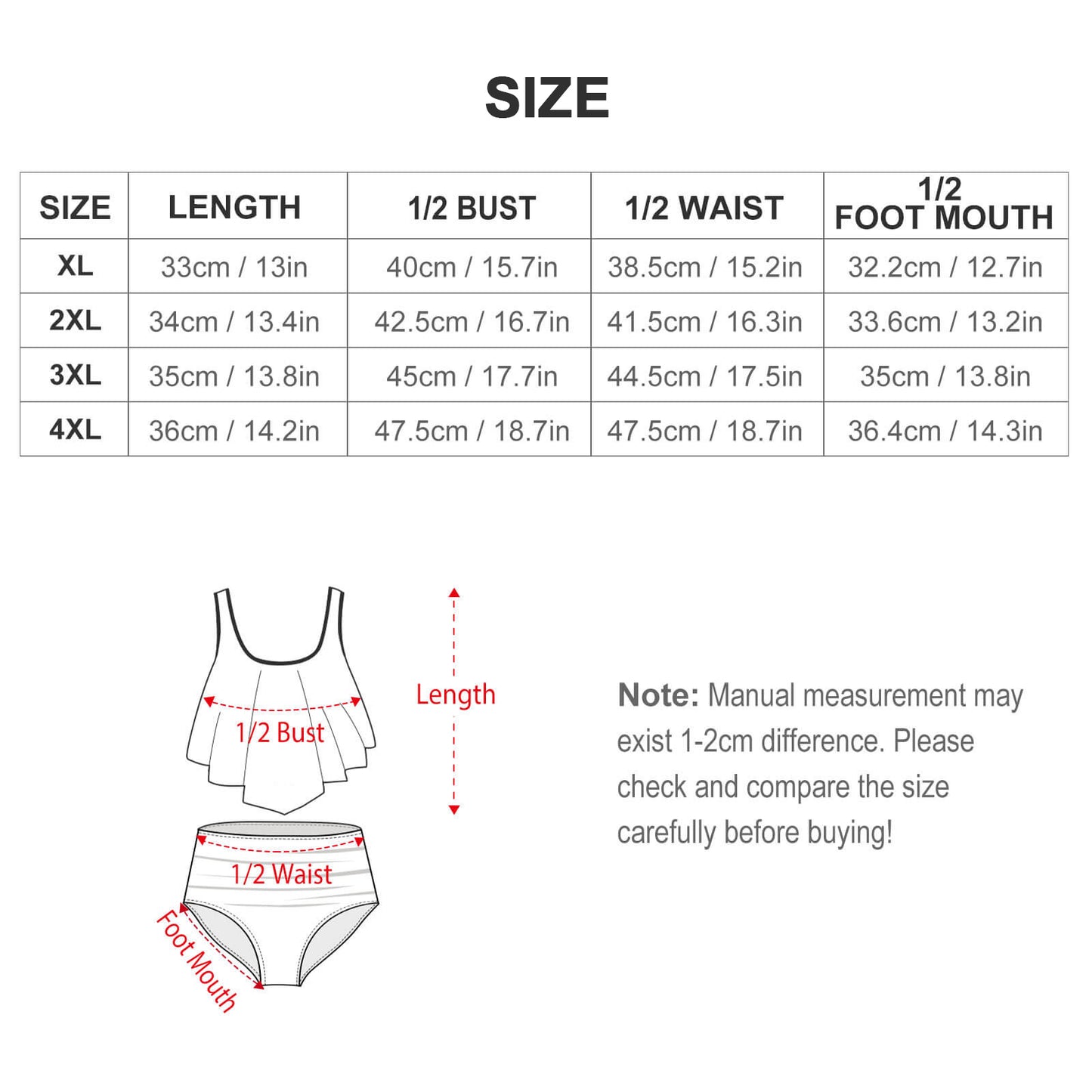 Size chart for women's underwear with measurements in centimeters and inches.