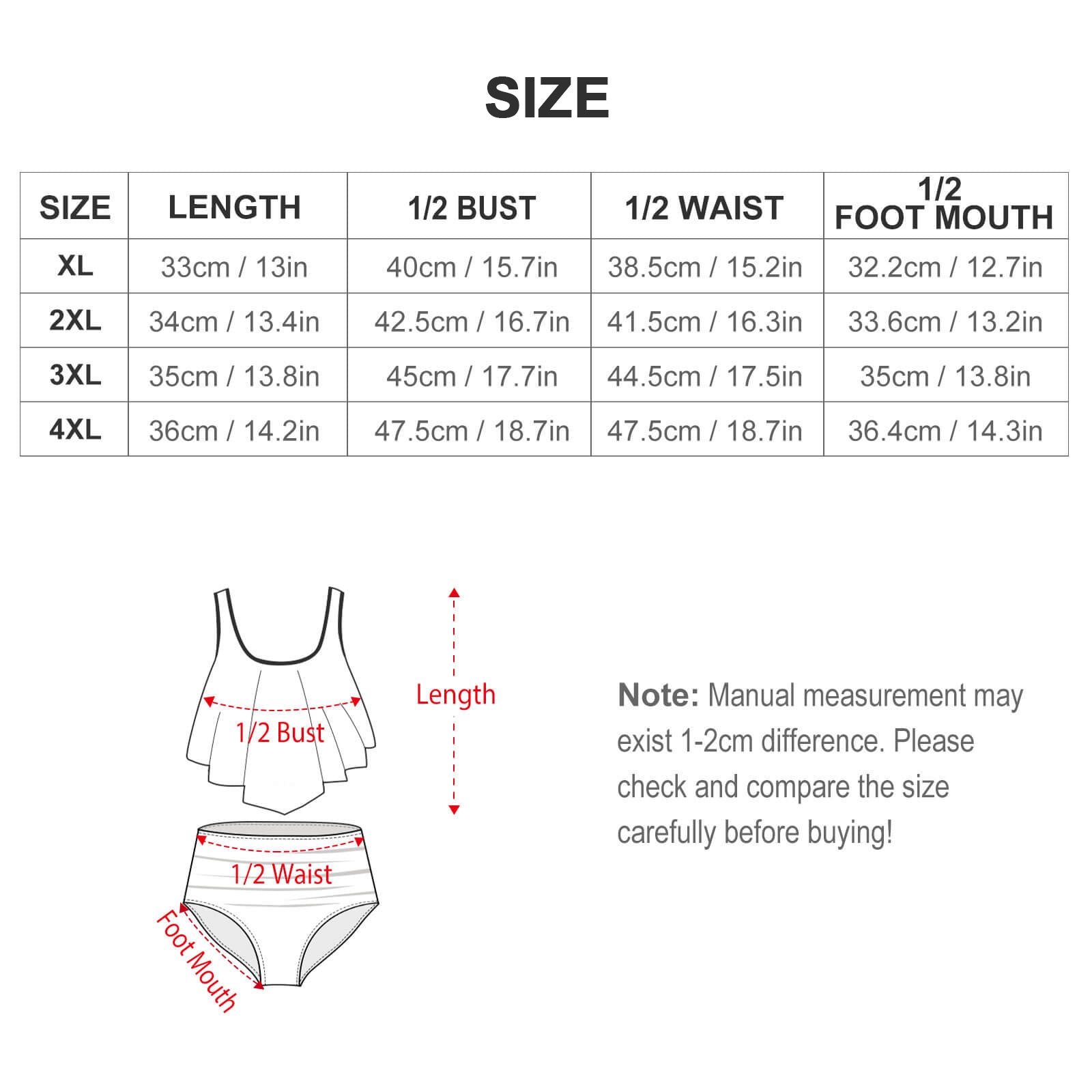 Size chart for women's underwear with measurements in centimeters and inches.