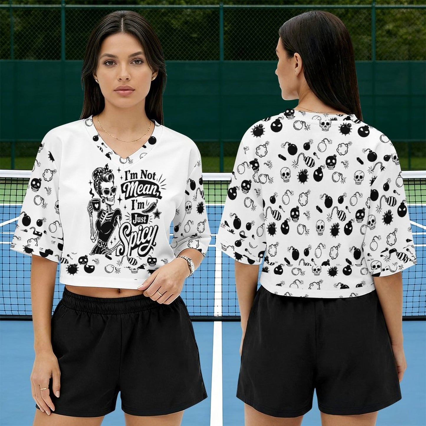 Lifestyle view of a model showcasing the short-sleeve white graphic polo jersey shirt with the text "I'm Not Mean I'm Spicy" integrated into an alt fashion aesthetic outfit.