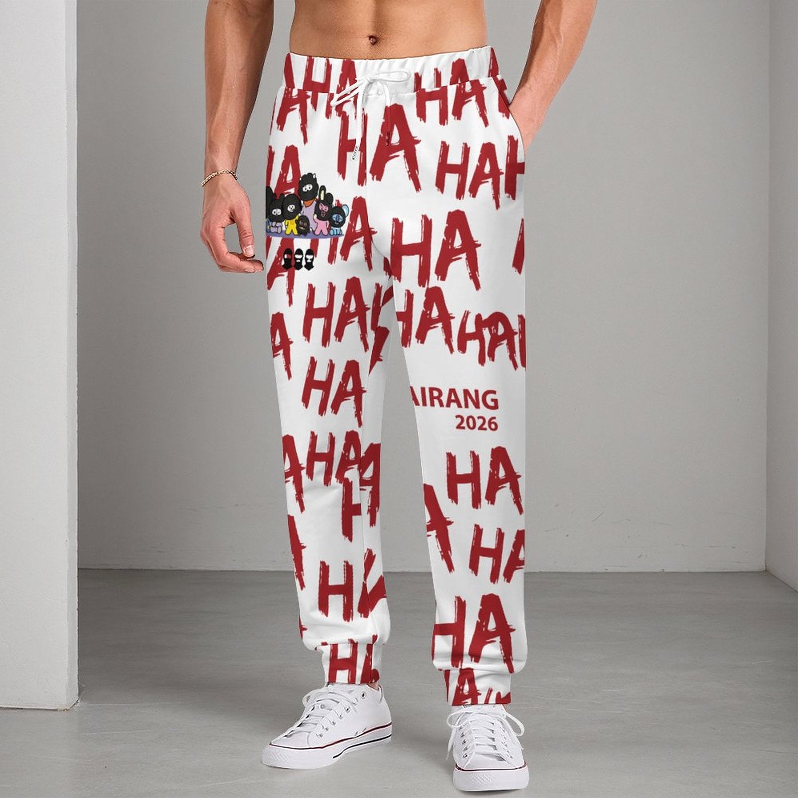 Close-up view of the premium 280gsm fabric texture and detailed all-over print on the BT21 Hooligan sweatpants.