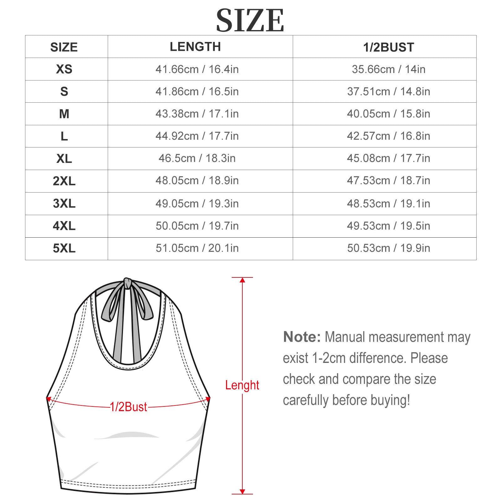 Sizing and measurement guide blueprint for the women's halter tie vest, detailing half-chest and length specifications in centimeters and inches.