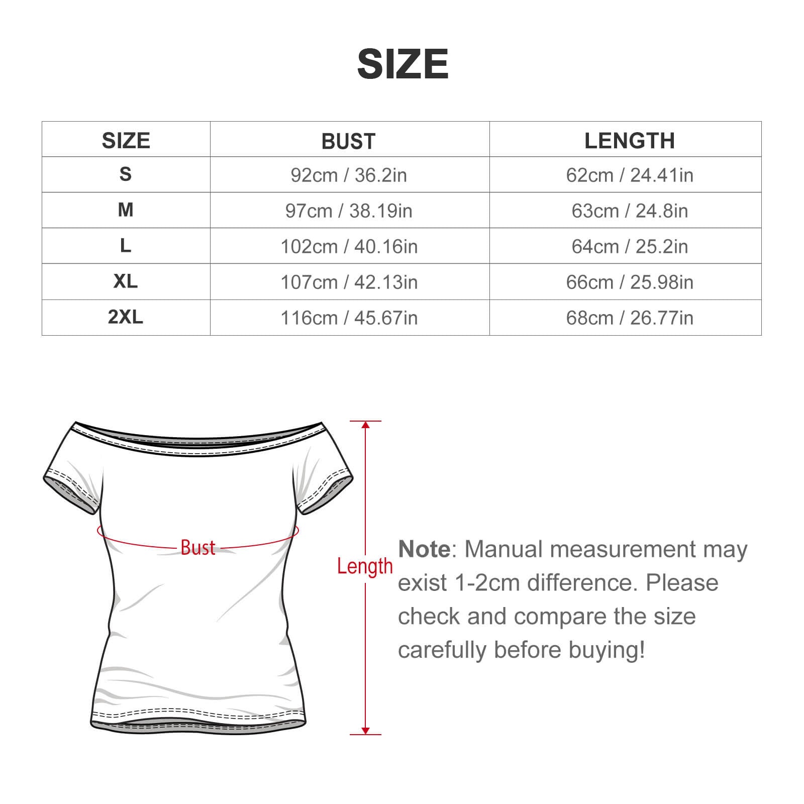 Product sizing and flat-laid measurement chart for the women's off-the-shoulder top, displaying chest and length measurements in centimeters and inches.