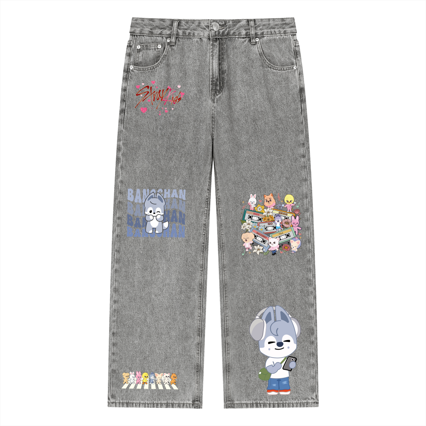Front full-length view of SKZ SKZOO Wolfchan unisex vintage wash straight leg jeans in light gray, featuring custom character graphics and a loose streetwear fit.