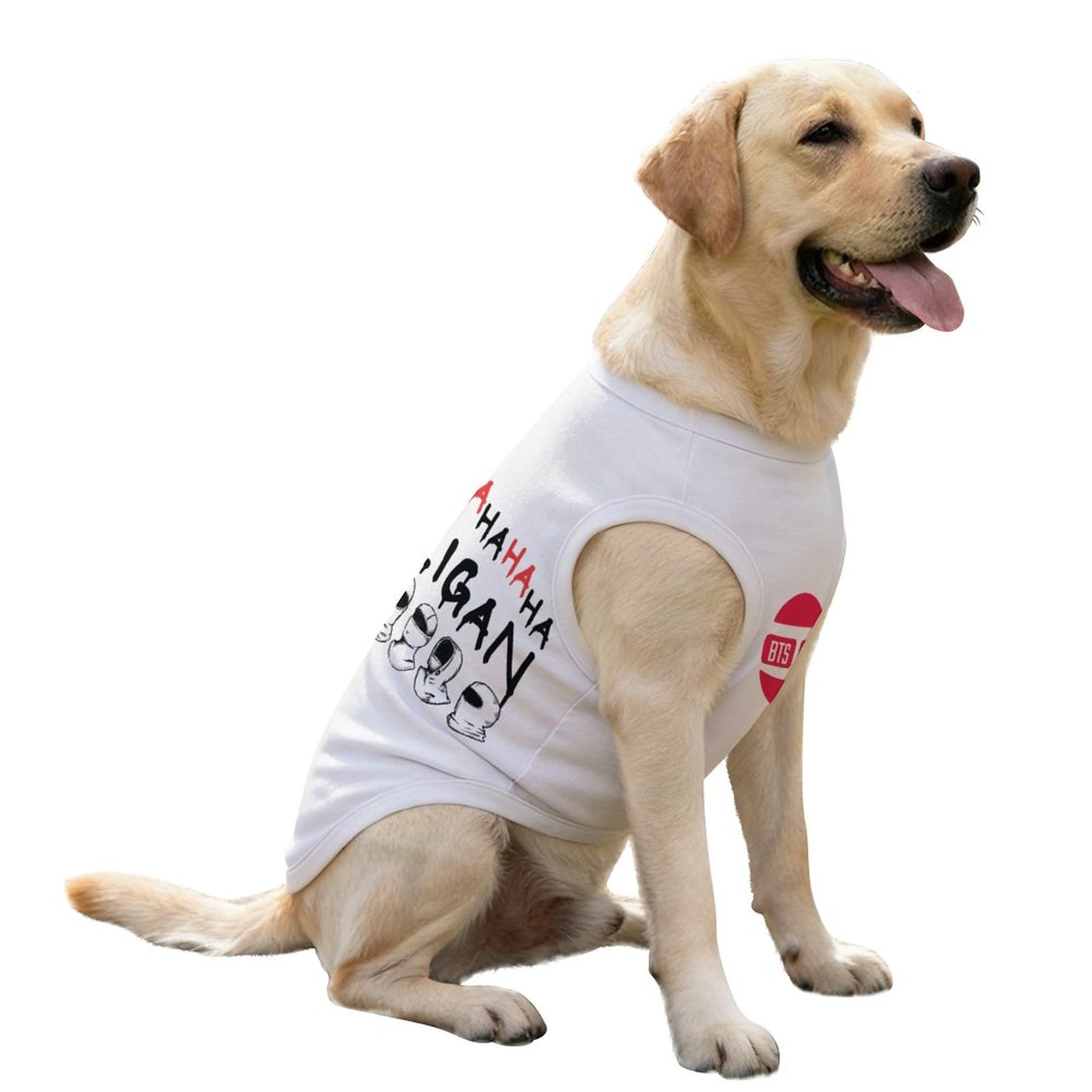 Large golden retriever wearing a white BTS Hooligan plus size cooling tank top.