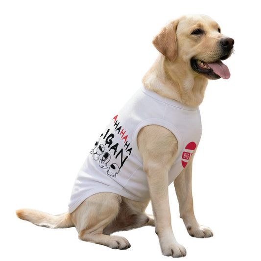 Large golden retriever wearing a white BTS Hooligan plus size cooling tank top.