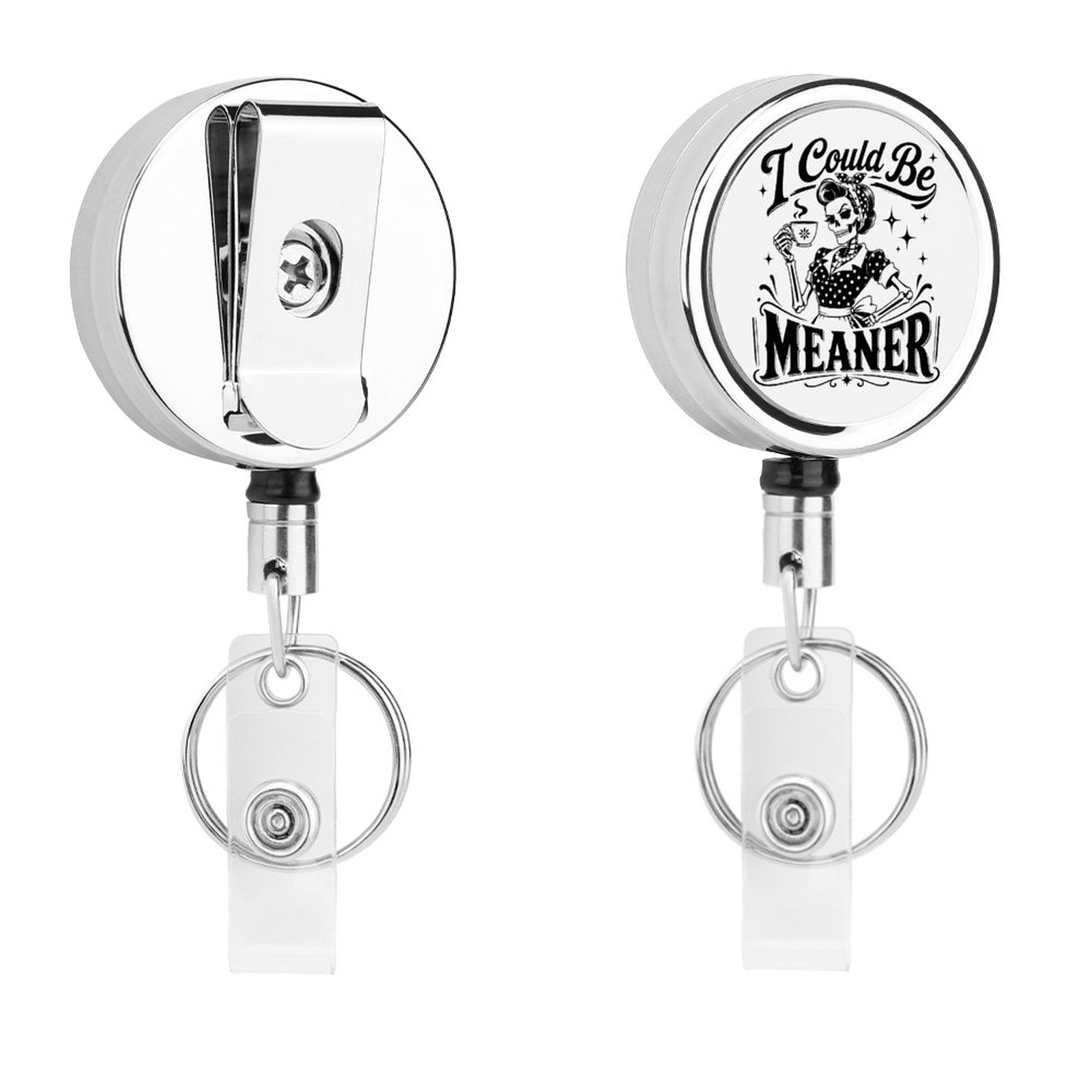 I could be meaner retractable metal badge clip in white and black stainless steel front view
