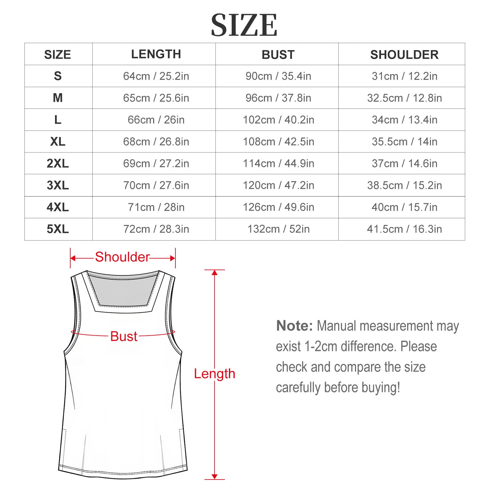Flat-laid size and measurement guide graphic for the square neck tank top, detailing chest, length, and half-shoulder dimensions in both centimeters and inches.