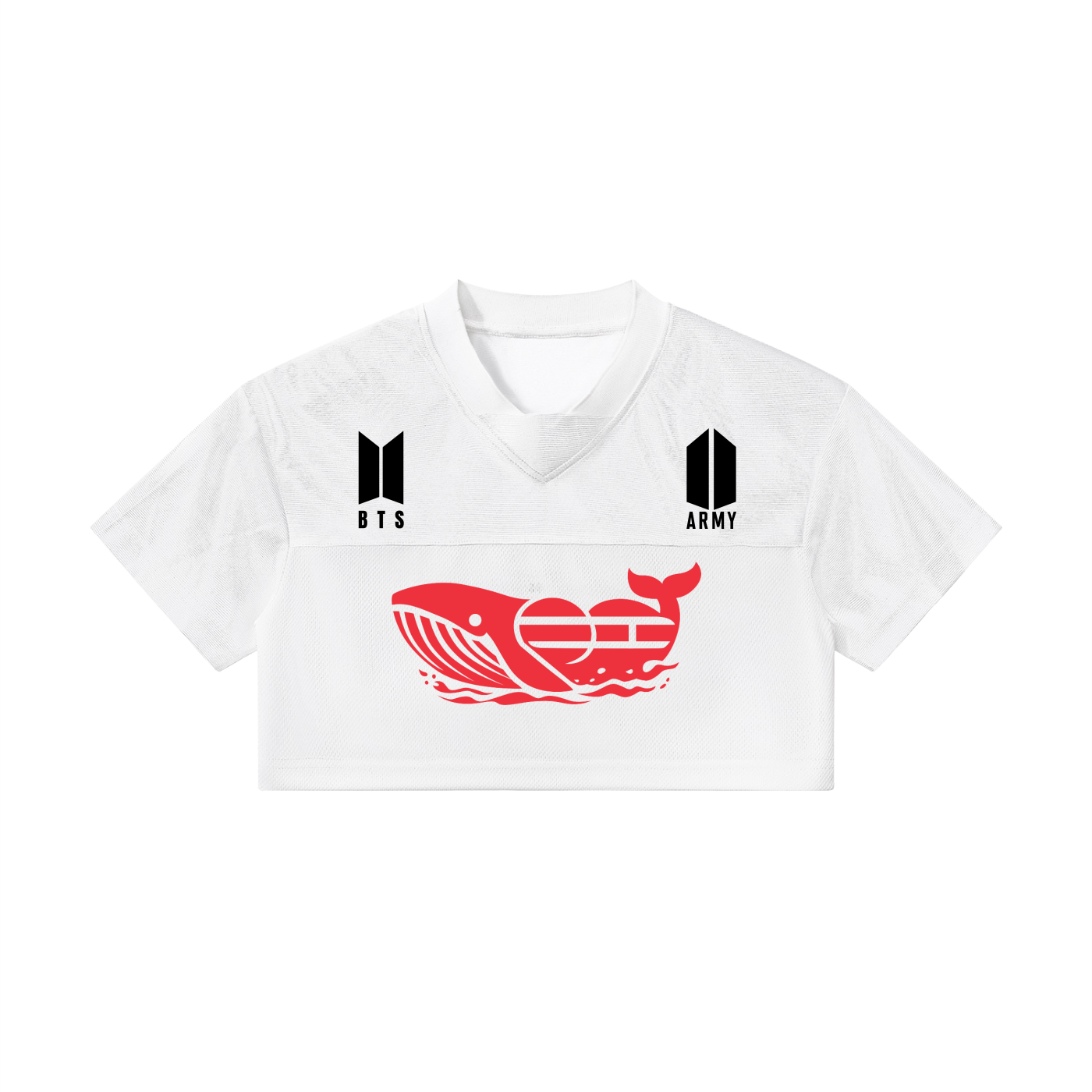 Model view of a premium BTS RM World Tour cropped paneled V-neck jersey in white, featuring the official BTS and ARMY logos on the chest and a red graphic Whalien 52 whale design on the front. A perfect K-pop concert outfit idea for an aesthetic Borahae purple streetwear look.