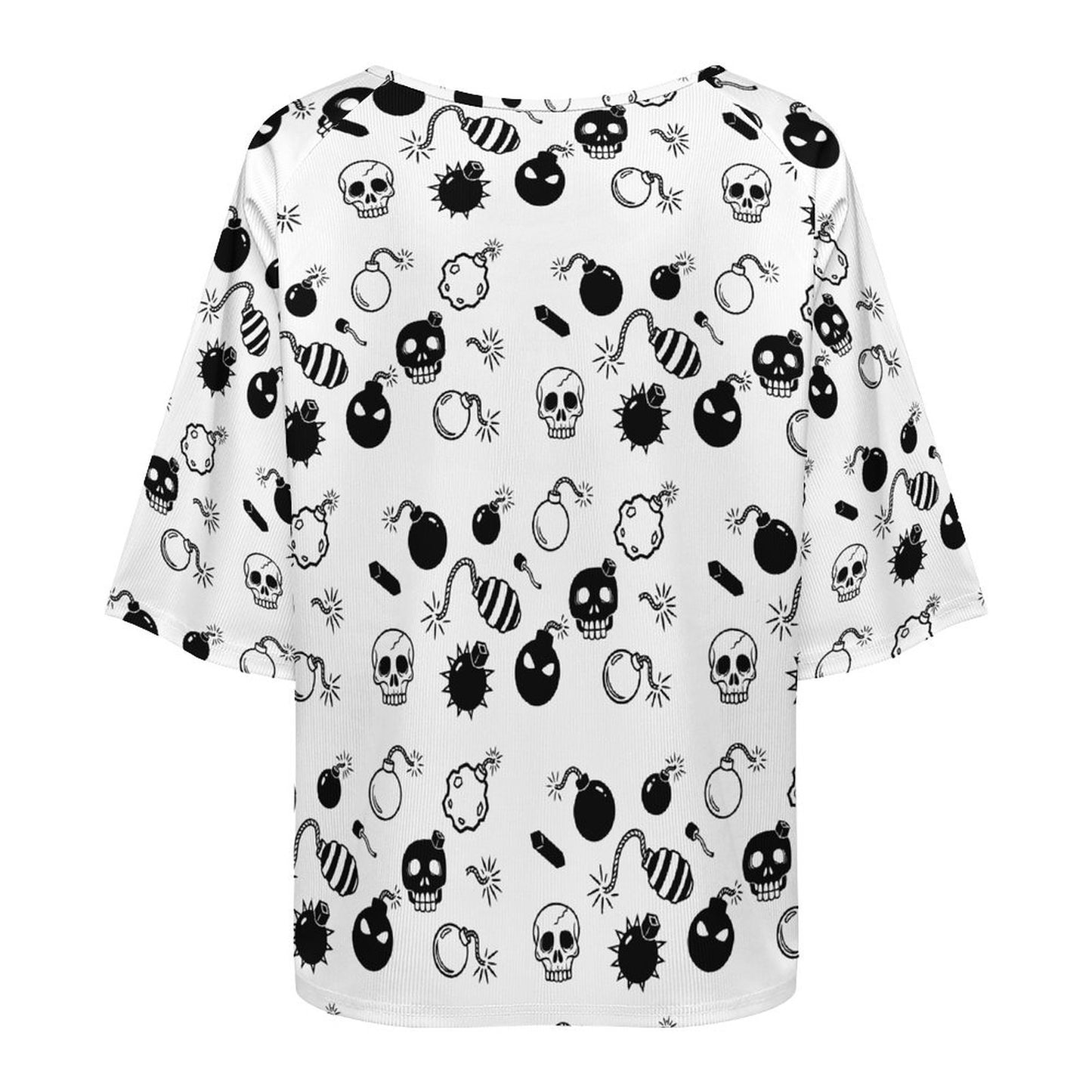 Back view of the women's boat neck pullover shirt, showing the comfortable fit across the shoulders and the clean line of the 3/4 sleeves, emphasizing a versatile and edgy casual streetwear silhouette.