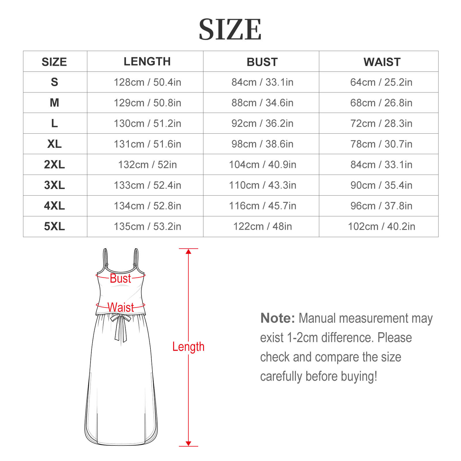 Flat-laid size and measurement chart graphic for the side slit maxi dress, detailing chest, waist, and length measurements in both centimeters and inches.