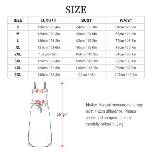 Flat-laid size and measurement chart graphic for the side slit maxi dress, detailing chest, waist, and length measurements in both centimeters and inches.