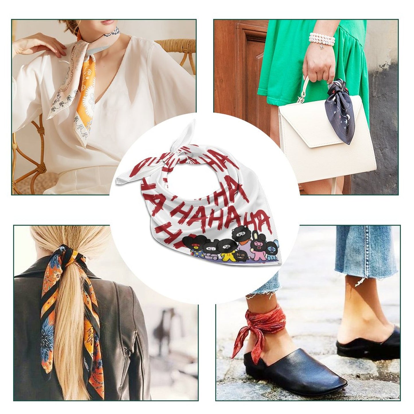 Close-up of the imitated silk square scarf neatly tied into a decorative bow on the handle of a black leather handbag, demonstrating a versatile hobo-chic or idol aesthetic fashion statement.