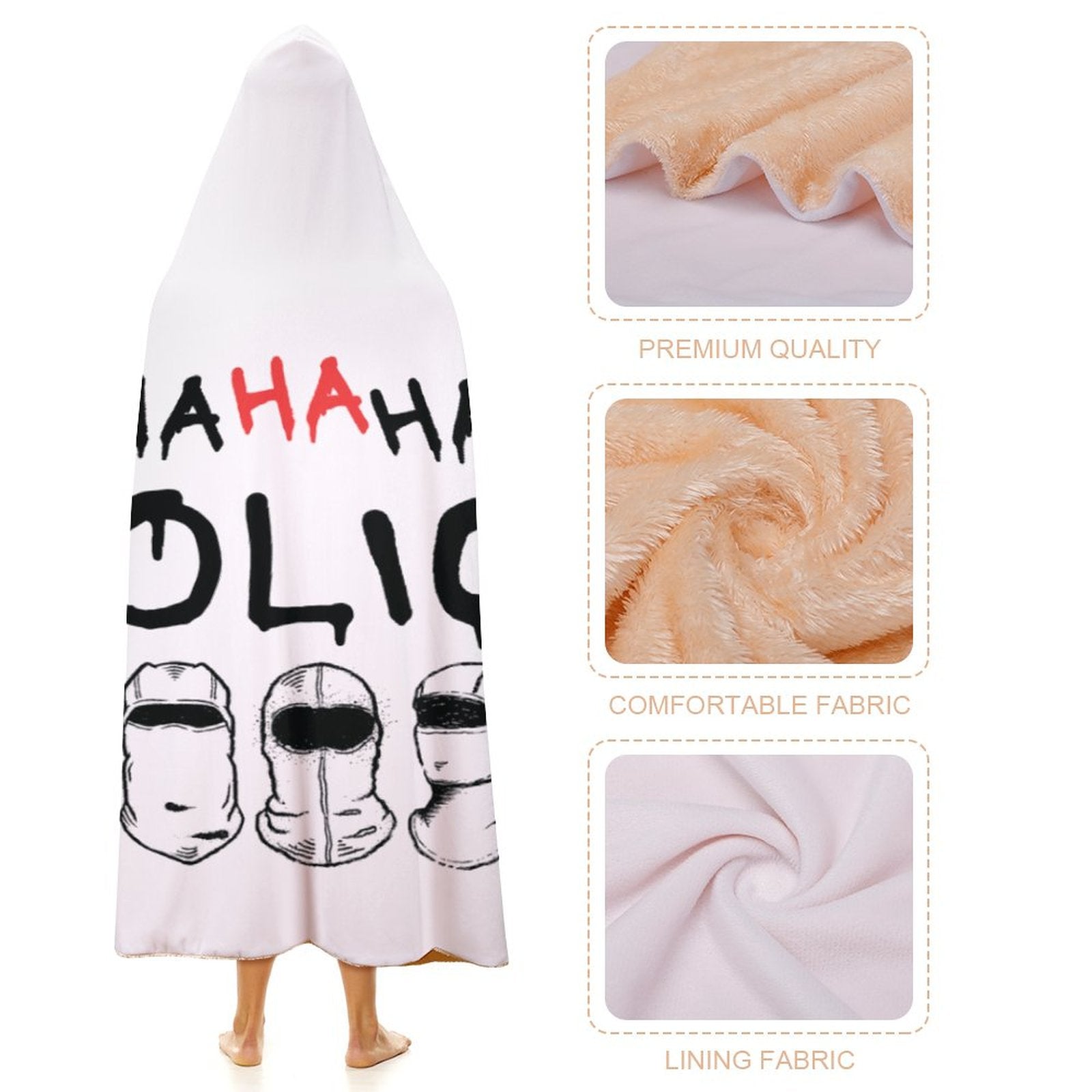 BTS Hooligan hooded blanket in white premium arctic velvet, perfect for K-Pop fans and ARMY concert gear.