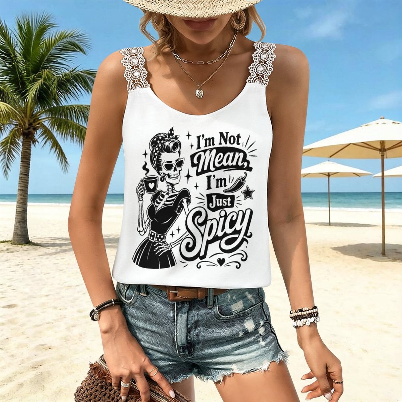 A front view of a white women's lace trim camisole featuring a delicate lace neckline and a bold black 'Not Mean Just Spicy' slogan text graphic.