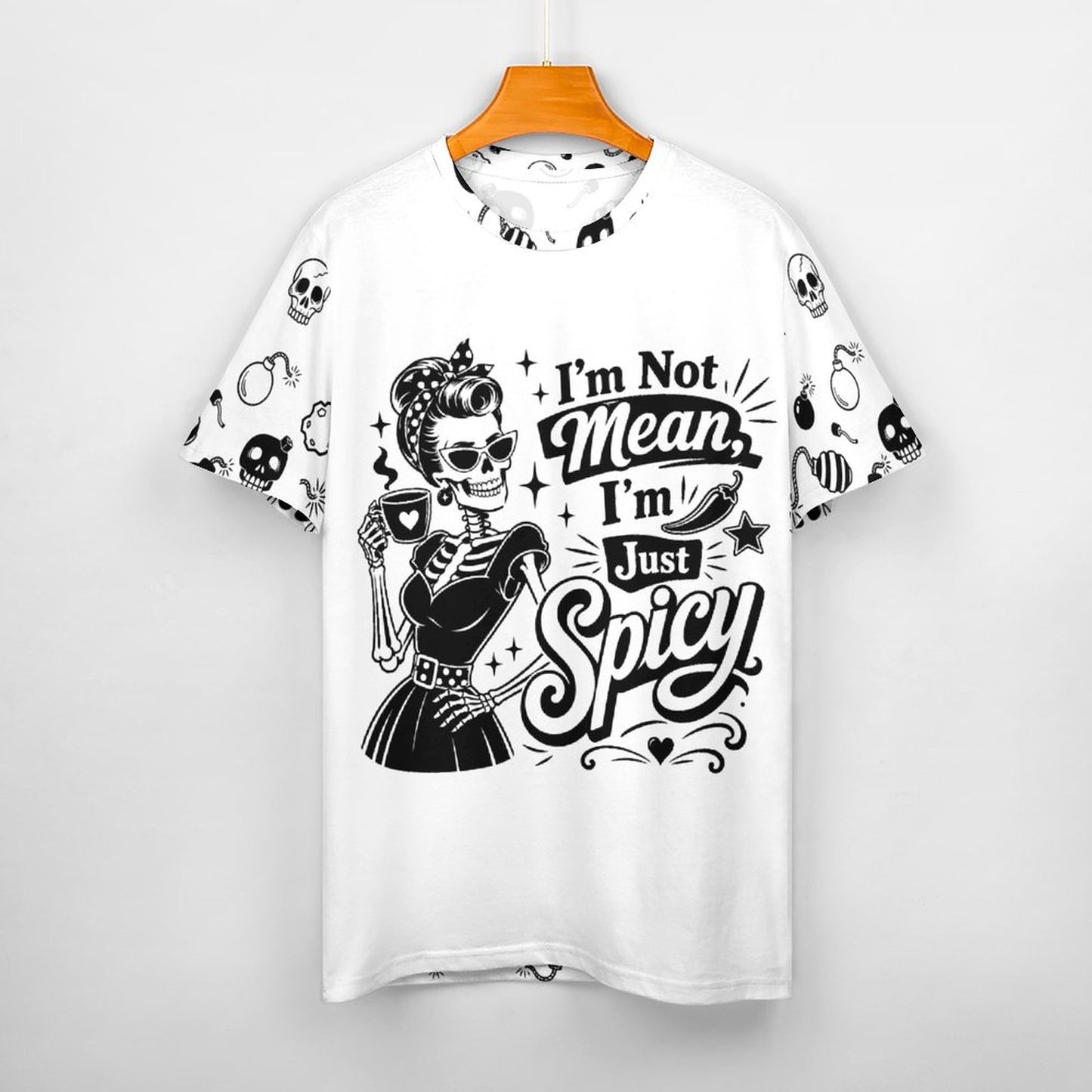 Close-up front view mockup of a white crewneck graphic crop top showcasing the vibrant high-definition skull print design and smooth 180gsm fabric texture.