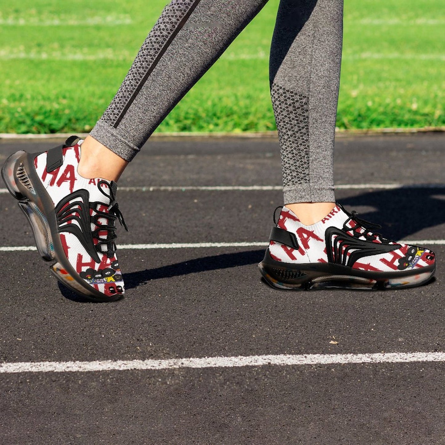 Lifestyle view of a model walking outside in the custom BT21 BTS inspired high-top athletic sneakers styled with streetwear clothes.