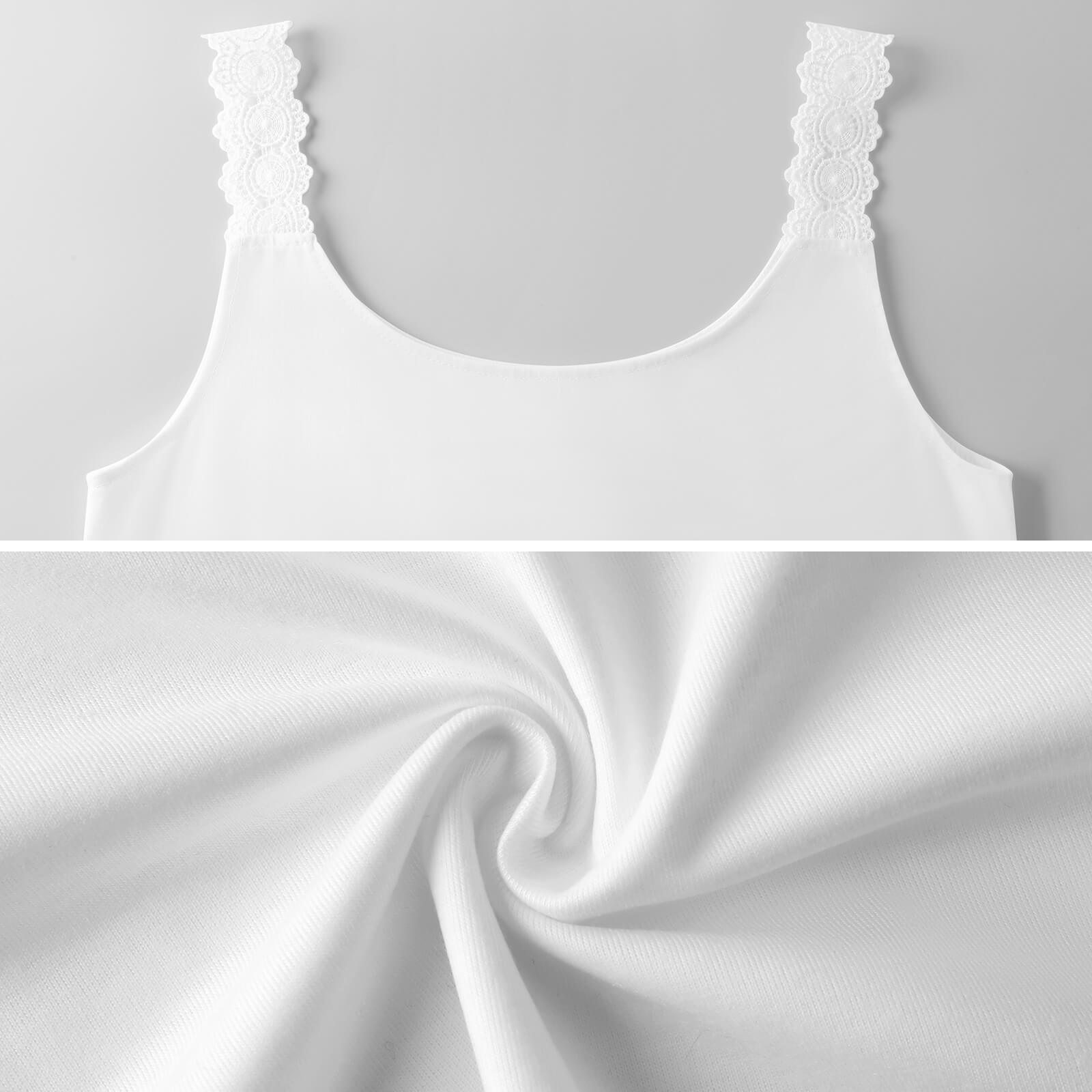 White lace-trimmed tank top on a gray background with fabric swatch below.