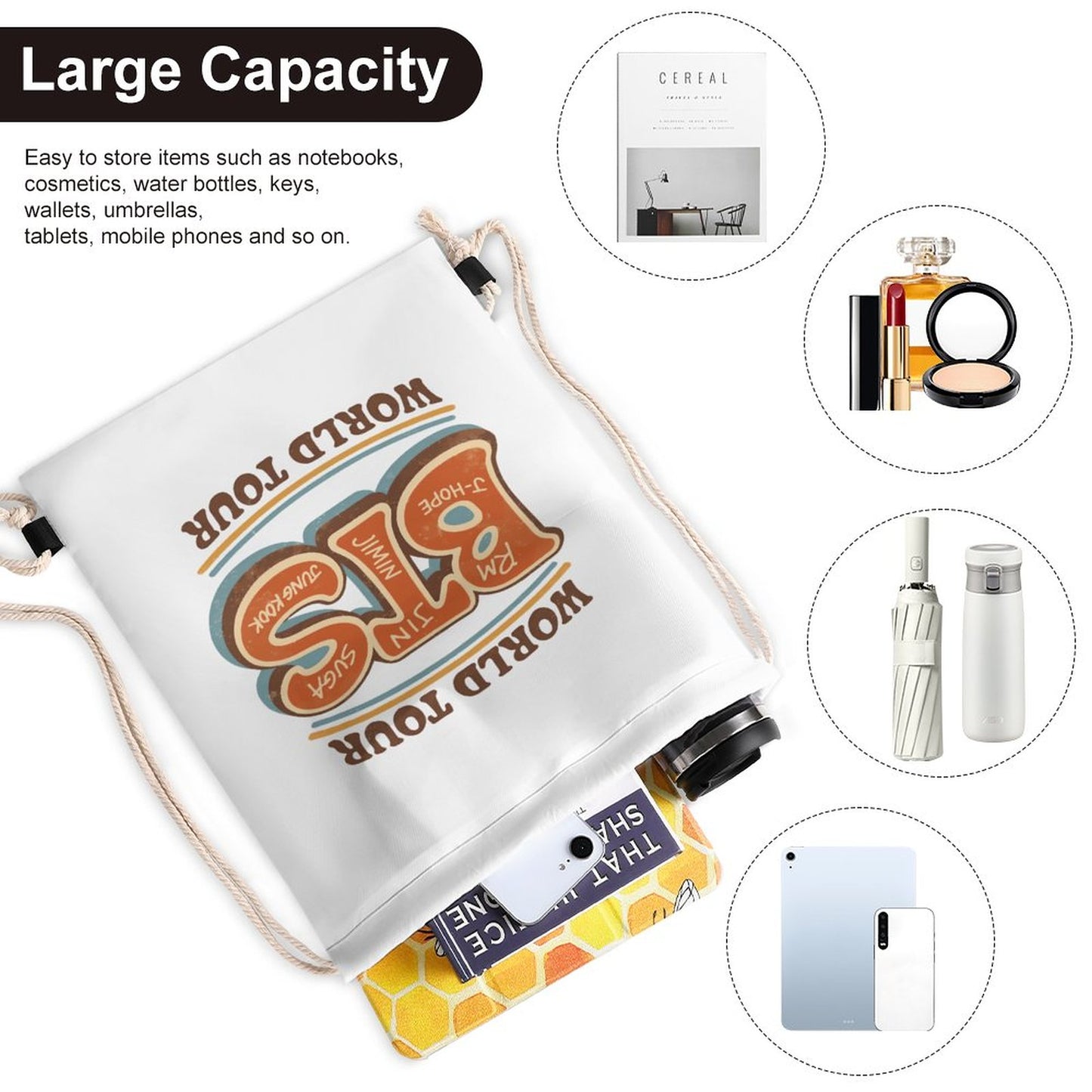 A flat lay perspective of a 35x50cm lightweight graphic drawstring sackpack highlighting the smooth, durable polyester fabric weave.