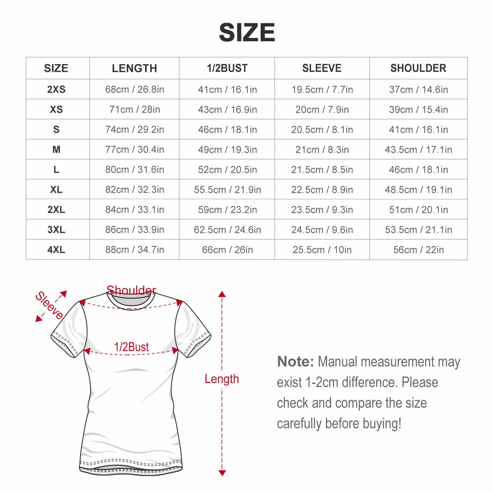 Flat-laid size guide graphic for the women's casual boxy crop shirt, detailing chest and length dimensions in both centimeters and inches.