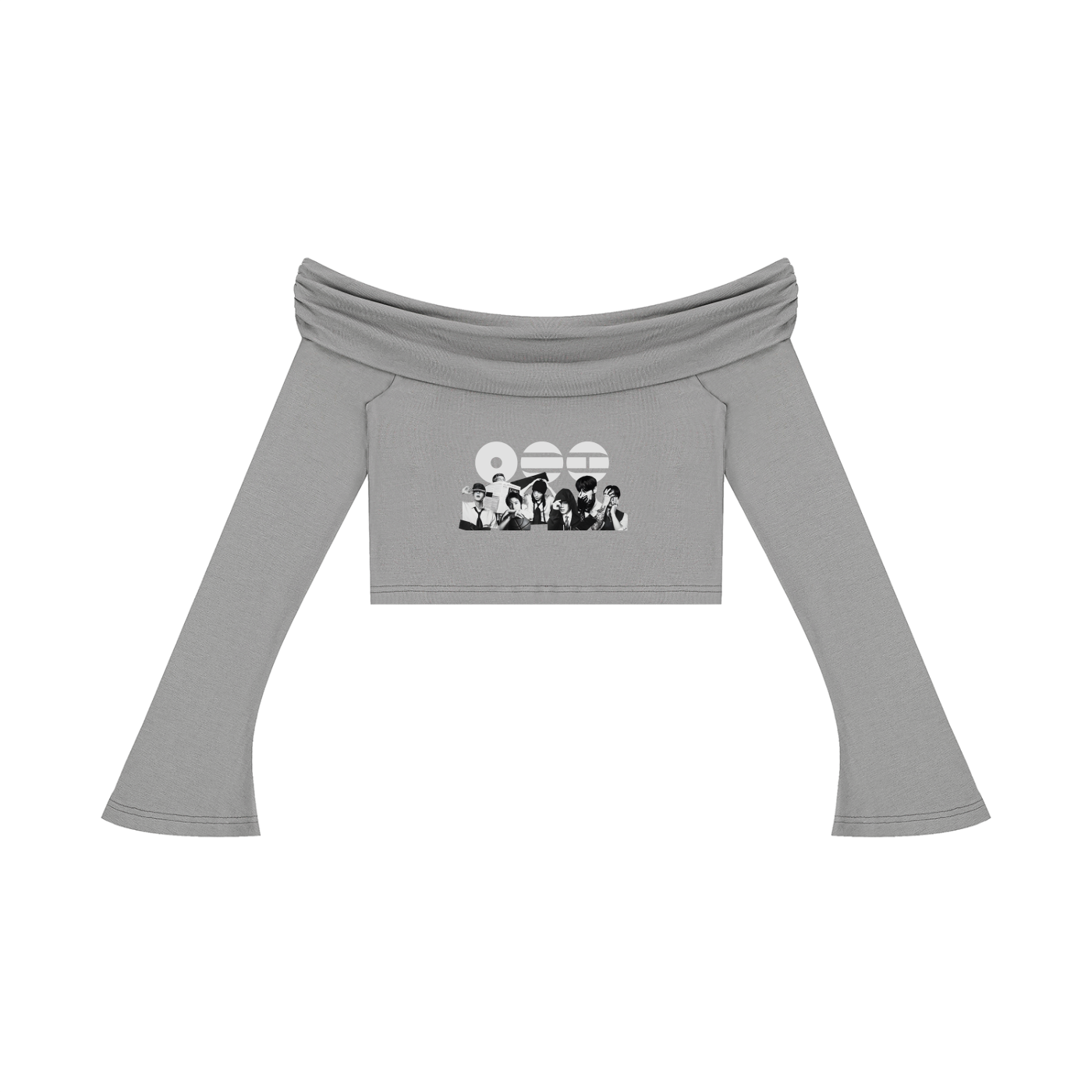 Front view of the BTS Arirang women's off-the-shoulder bell sleeve crop top in gray, featuring the body-sculpting fit and custom K-pop aesthetic design.