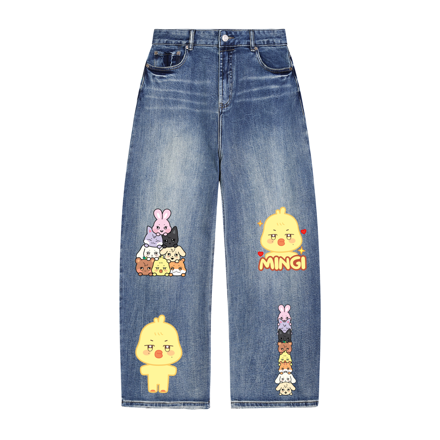Front flat lay view of the blue ATEEZ Mingi mighteez ATINY sun-fade heavyweight wide-leg jeans, showcasing custom cartoon character graphics and signature printed details.