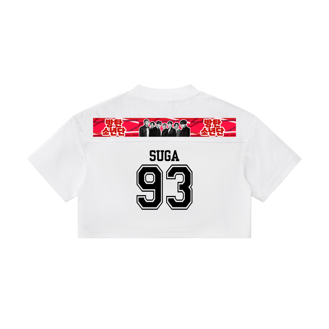 Front view of the white BTS Jungkook  Suga cropped paneled v-neck jersey, showcasing a custom red Whalien 52 whale graphic flanked by the black BTS and ARMY logos.