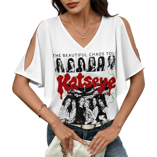 200gsm V Neck Cold Shoulder Ruffled Sleeve Top(All-Over Printing)