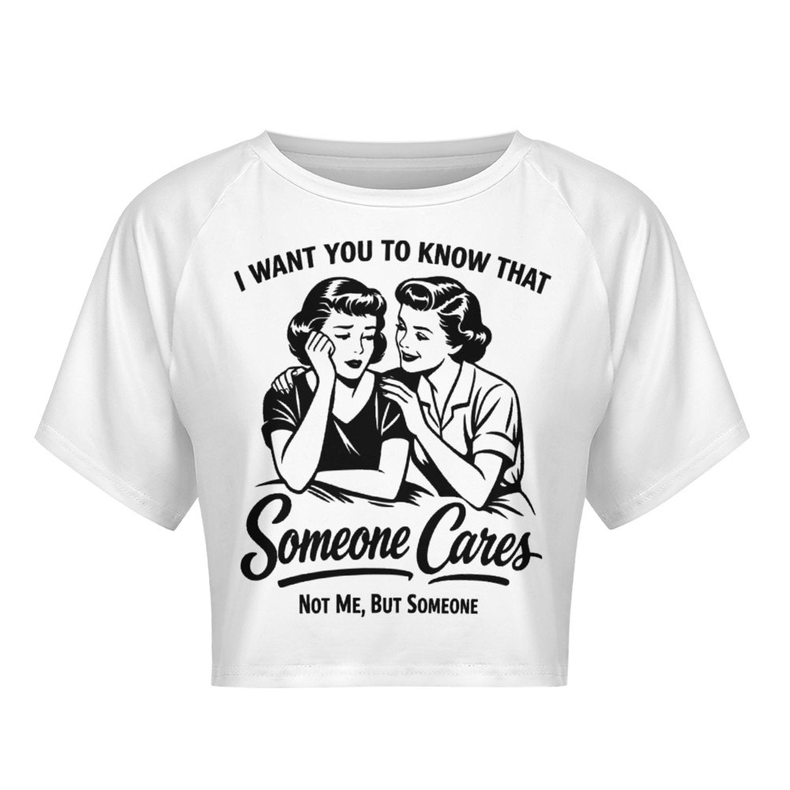 Close up view of the high quality black sublimation print on a white stretch fabric baby tee showing a retro pop-art comic illustration and funny anti social quote.