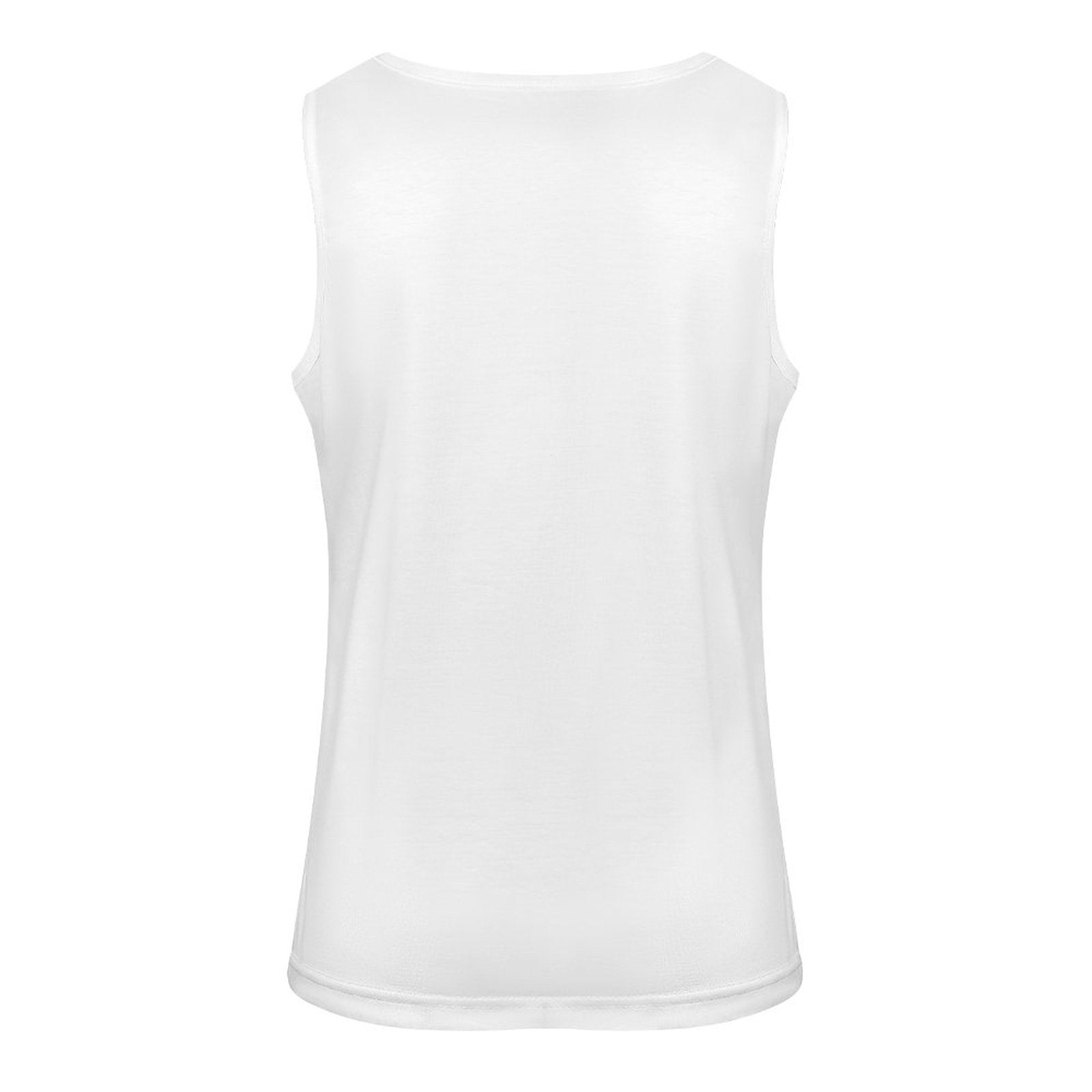 Back view mockup of a white sleeveless square-neck tank top showcasing the premium fine-stitched shoulder lines and clean, unprinted layout.