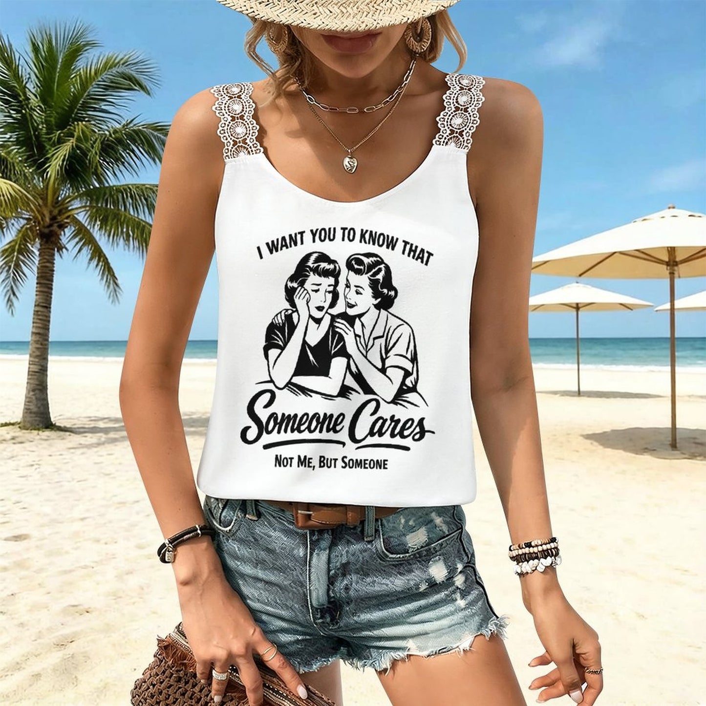 Someone Cares Not Me Lace Trim Camisole - Sarcastic Y2K Cami Tank Top