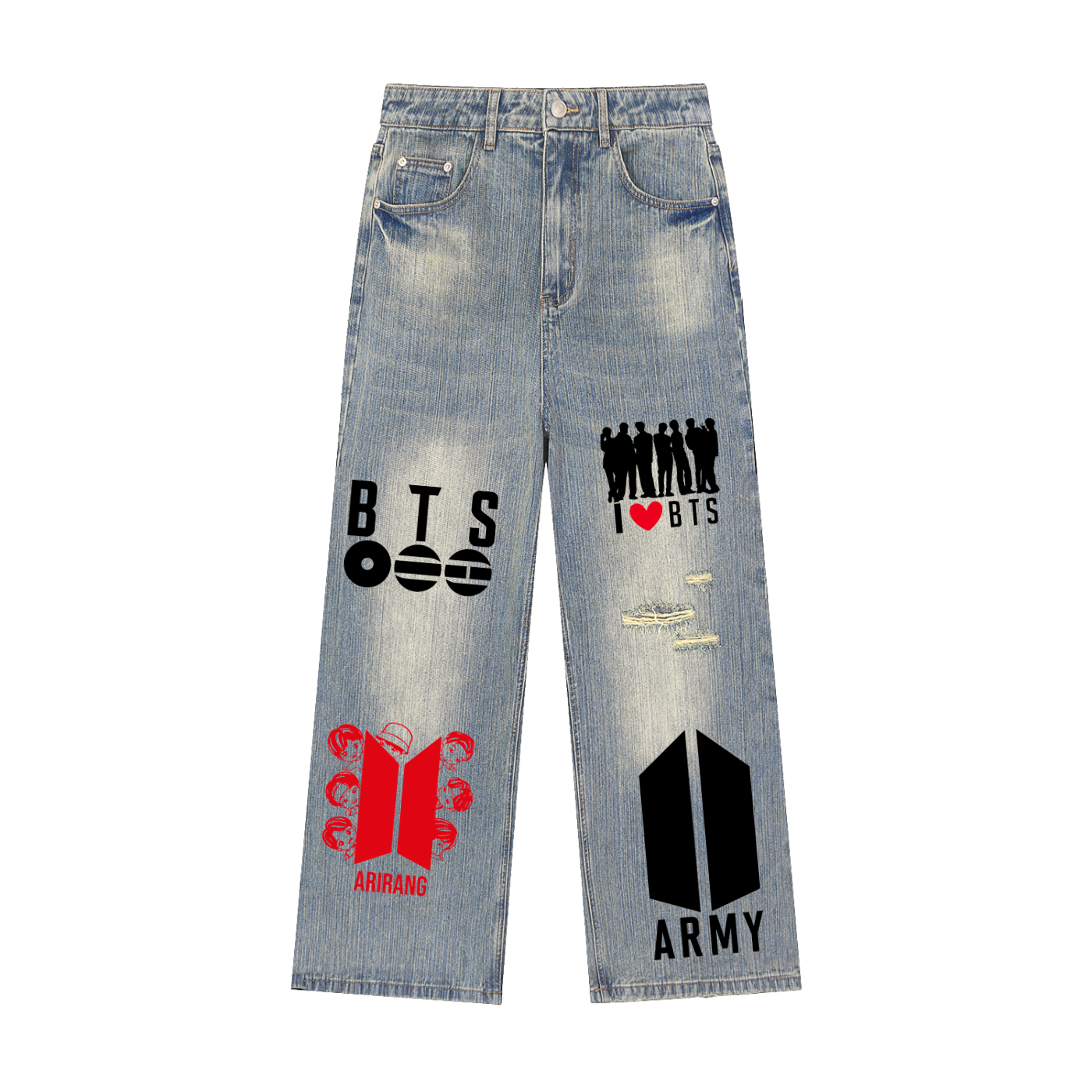 Front view of BTS ARMY vintage wash distressed denim jeans in light blue, featuring custom ripped streetwear details and a baggy wide-leg silhouette.