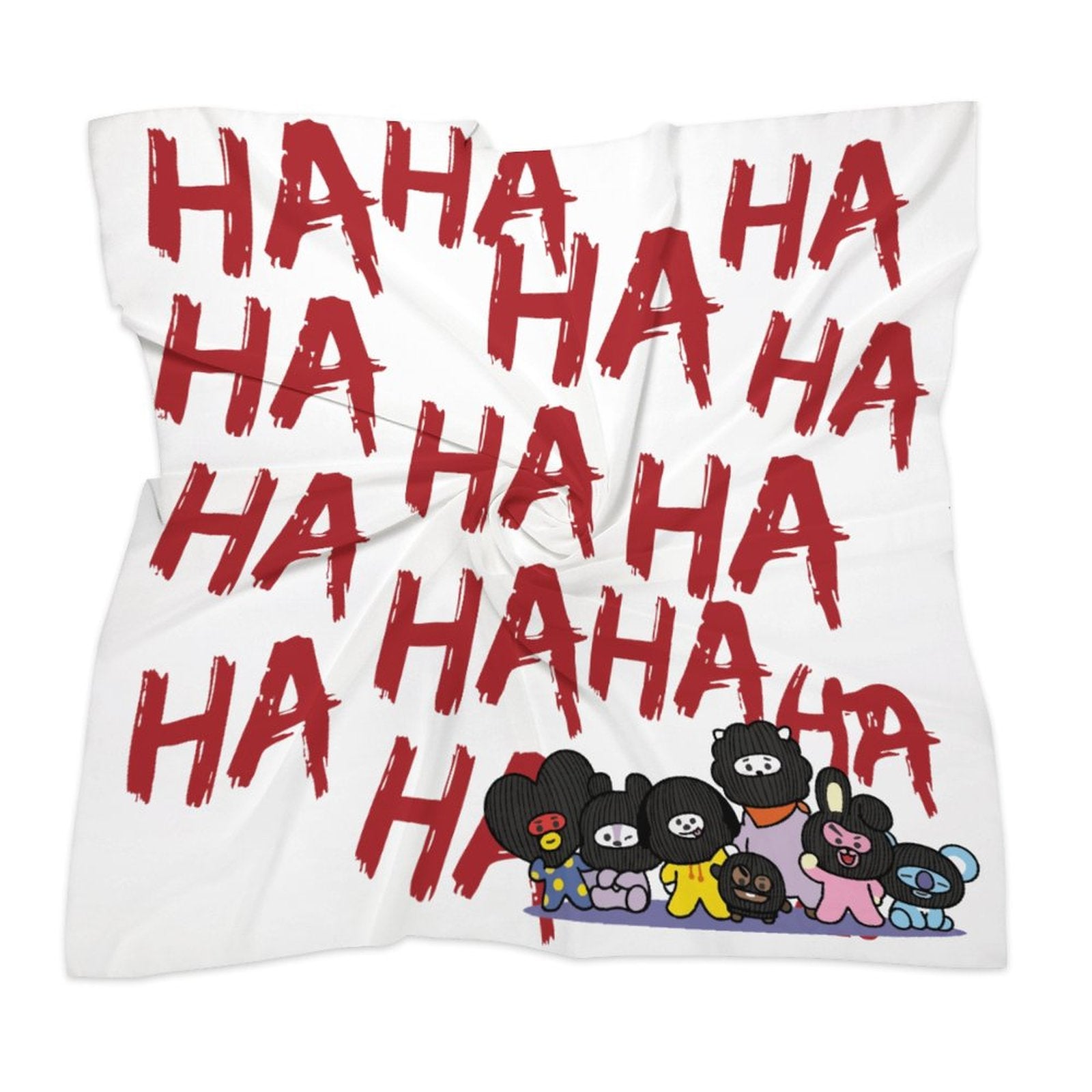 Top-down flat lay view of a premium square printed scarf made of white skin-friendly imitated silk, featuring an edgy black BT21 and BTS Hooligan-inspired character design with bold graphic line art for a trendy K-pop merchandise look.