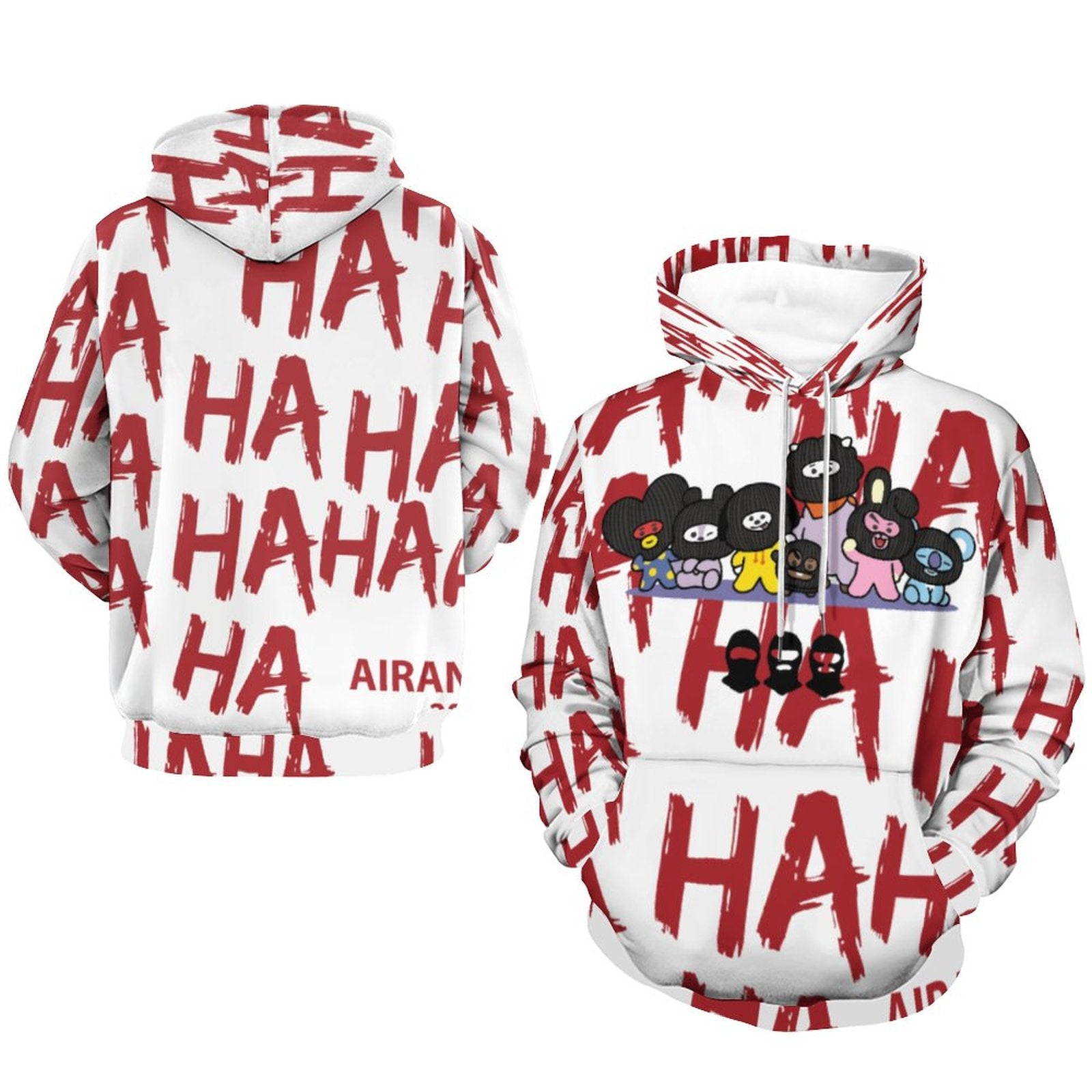 Front and back view of a white premium 230gsm women's graphic hoodie featuring an all-over print design filled with red "HA HA HA" text and edgy cartoon character illustrations, highlighting a bold BTS Hooligan and BT21-inspired K-pop streetwear aesthetic.