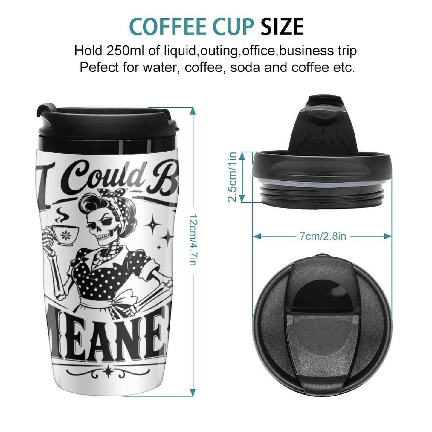 Close up of the spill resistant slide flip top lid and anti skid base on travel mug