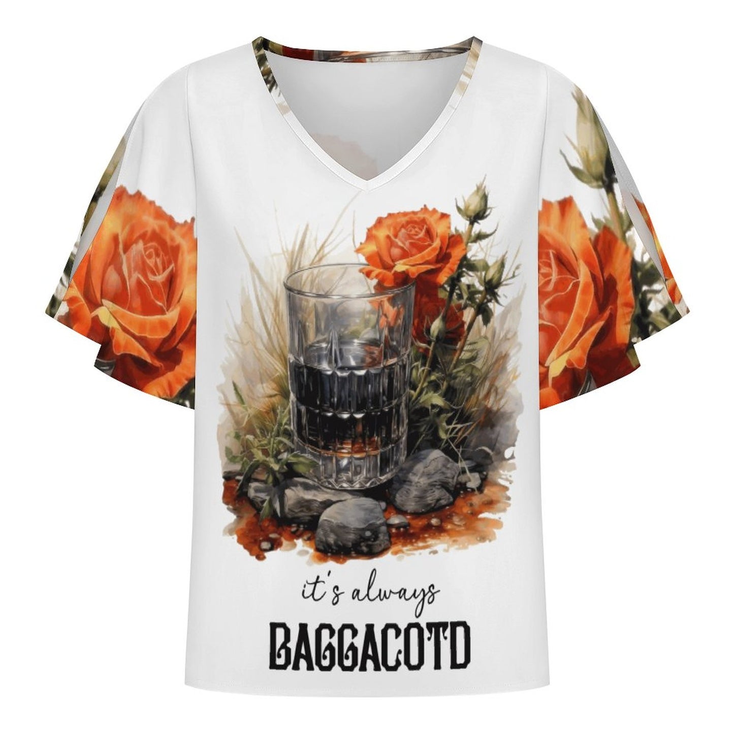200gsm V Neck Cold Shoulder Ruffled Sleeve Top(All-Over Printing)