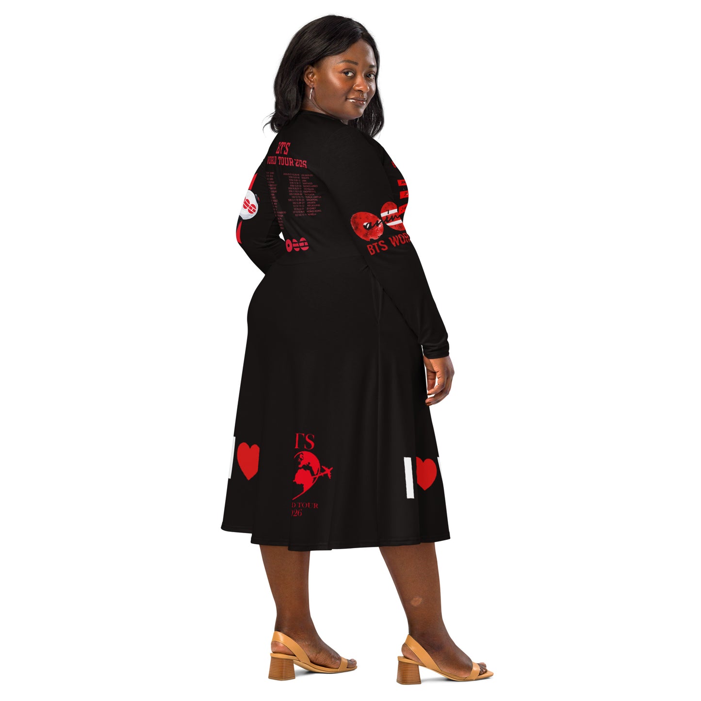 Close-up view of the functional deep side pockets on a flared A-line long sleeve midi dress made of premium knit jersey.